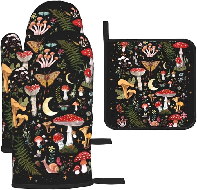 Black Mushroom Oven Mitts and Pot Holders Sets of 3 Witchy Hot Pads | Heat Resistant Oven Gloves for Cooking Grilling Baking Kitchen Decor Aesthetic, Witchy Gifts Mushroom Gifts for Women