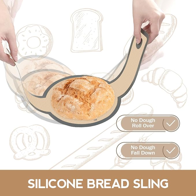 Silicone Bread Sling, Sourdough Transfer, Nonstick, 2 Pack Round | Easy Cleanup & Reusable Baking Mats, Sour Dough Tools & Supplies for Dutch Oven, Gray
