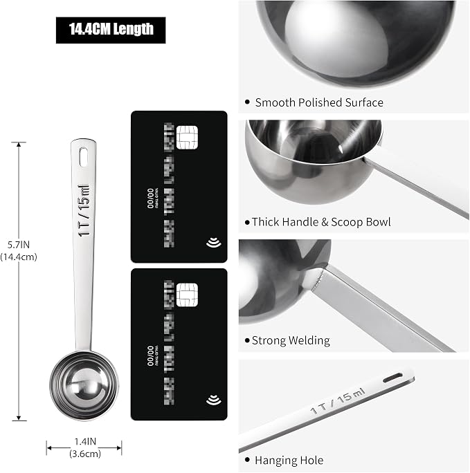 Doosu Metal 4.3in Long Handle Coffee Scoop for Ground Coffee (1 Tbsp) | Food-Grade 18/8 Stainless Steel Measuring Spoon, Tablespoon Scooper for Coffee Beans, Espresso, Protein Powders, Tea, Sugar