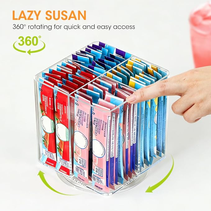 AIEVE Drink Packet Organizer, Lazy Susan Organizer for Water Flavor Packets, Drink Mix Rotating Turntable Sugar Packet Holder Container for Pantry Organizers and Storage, Square