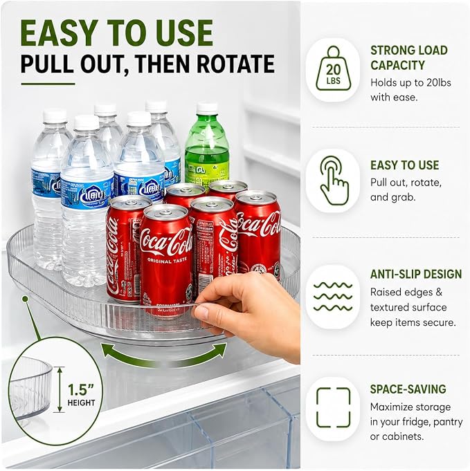 NOSTA Home Rotating Lazy Susan for Refrigerator - Square Lazy Susan - Refrigerator Lazy Susan Organizer - Rotating Fridge Organizer - Large (16.5x11)