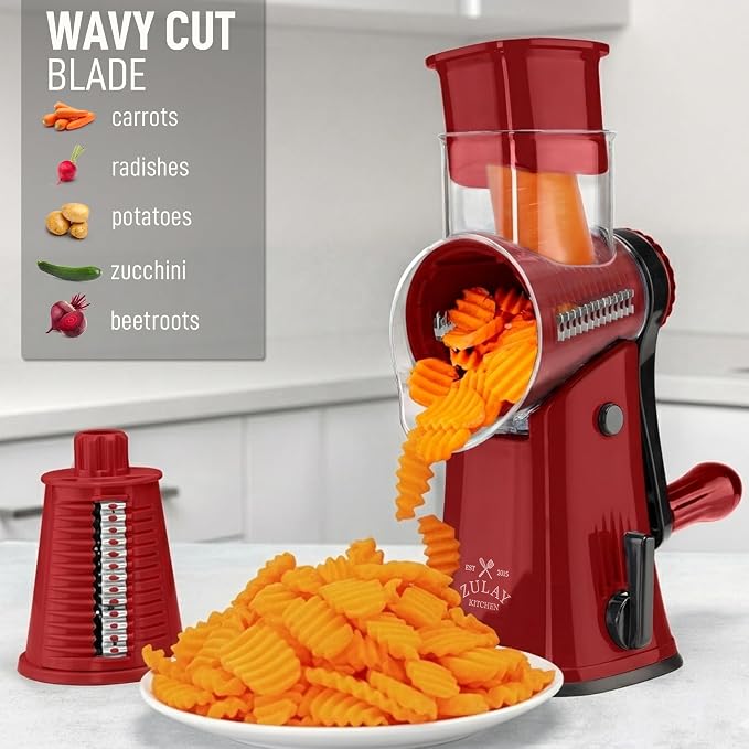 Zulay Kitchen Rotary Cheese Grater 5 Blade Cheese Shredder - Manual Hand Crank Cheese Grater With Reinforced Suction & 5 Interchangeable Drums - Easy to Use, Vegetable Chopper Round Mandoline Slicer