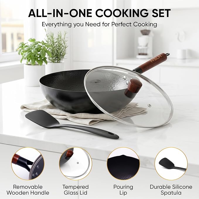 12.6 Inch Carbon Steel Wok Pan with Glass Cover, Pre-Seasoned Nonstick Flat Bottom Wok for Chinese Cooking, Woks & Stir-Fry Pans Cookware, Compatible with Induction, Electric, Gas & Halogen