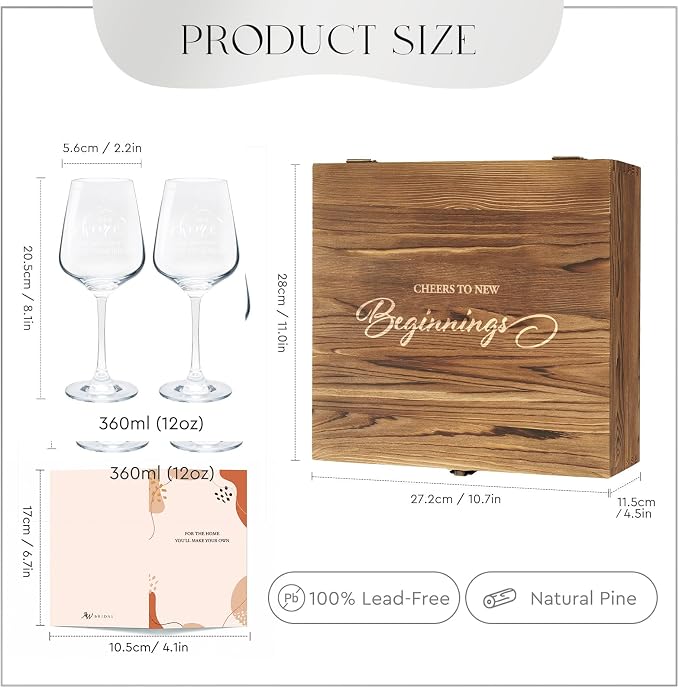 AW BRIDAL House Warming Gifts New Home Wine Glasses with Wood Keepsake Box | 2026 Closing Gift for Home Buyers and Homeowner, New Apartment Gift Basket for Couple, First House Present for Newlyweds