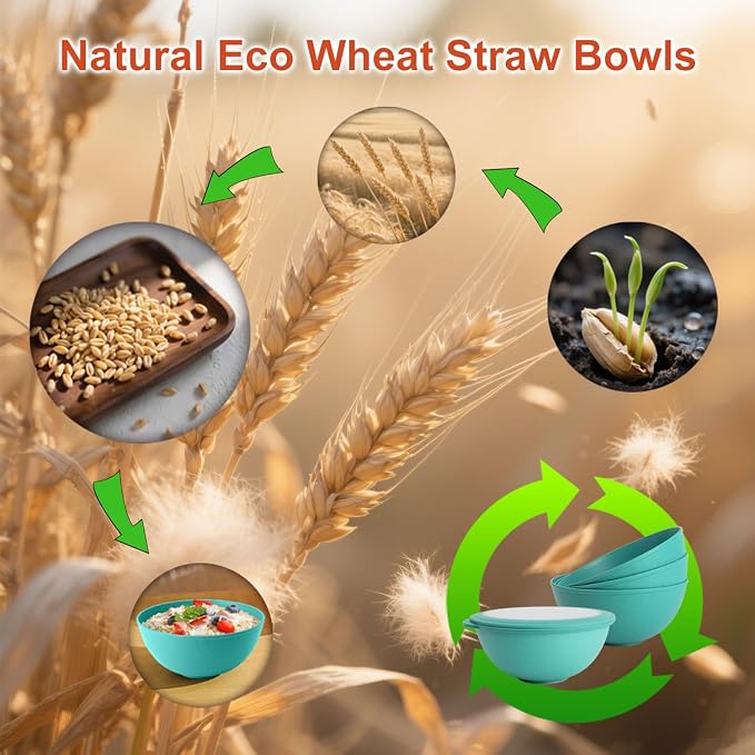 wheat straw bowls set of 4,40oz unbreakable salad bowl set with cover,alternative plastic bowls with cover for kitchen,party,camping and picnic. Green