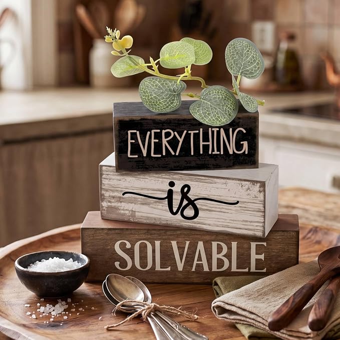 Lineshading 4 Pcs Inspirational Farmhouse Table Decor Rustic Wooden Stacked Block Signs with Inspirational Quote Artificial Eucalyptus Leaves Farmhouse Decoration for Home Office Shelf Gift