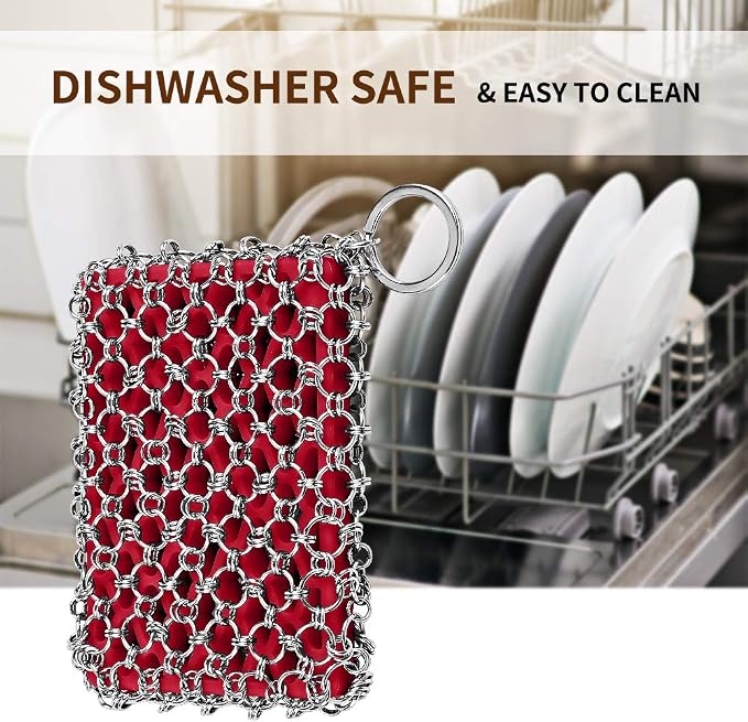 Herda 316L Cast Iron Scrubber Cleaner, Large Cast Iron Chain Mail Scrubber | Chainmail Scrubber for Cast Iron Cleaning, Skillet, Pan, Pot, Wok,Dutch Oven,Chainmail Scrubber Sponge Cleaning Kit-Red