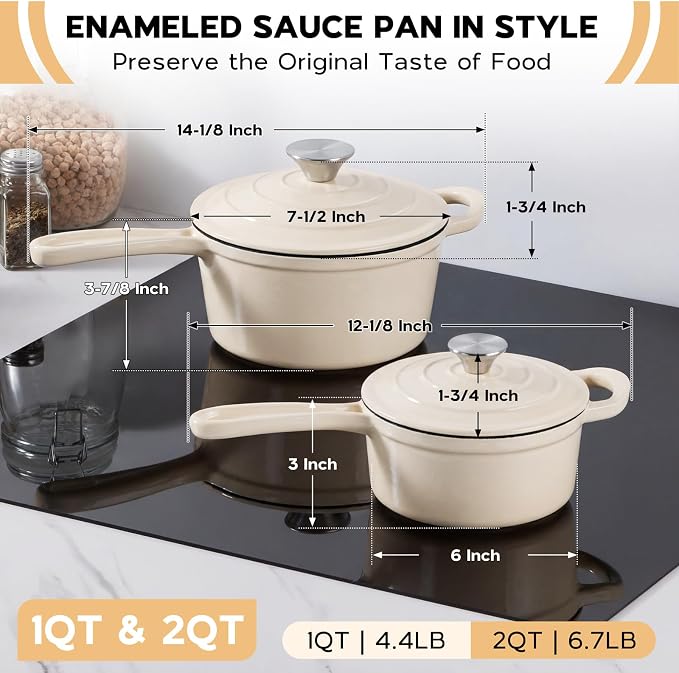 Onader Enameled Cast Iron Saucepan Set, 1 Quart & 2 Quart Sauce Pan with Lid, Small Cast Iron Pot for Cooking, Enamel Dutch Oven, Nonstick & Heavy Duty – Cream White