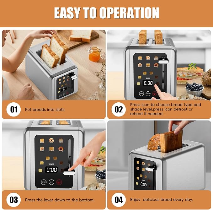 WUNLY 2 Slice Stainless Steel Smart Digital Timer Touch Screen Toaster | 6 Bread Types & 6 Shade Settings,Extra Wide Slots Toaster with Bagel,Defrost & Reheat Functions,Sound Function,Titanium