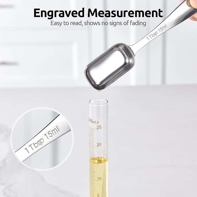 U-Taste Narrow Square Measuring Spoons, Metal Measure Set of 8 with Leveler | Long Handle Rectangular Teaspoon Tablespoon, 18/8 Stainless Steel Polygons Measure Spoon Set, Narrow Scoop for Spice Jars