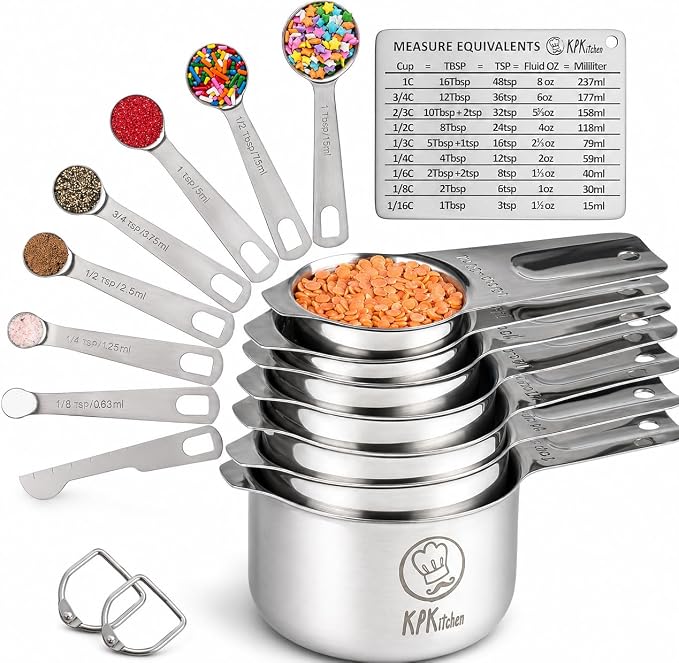 Measuring Cups and Spoons Set, 16-Piece Stainless Steel, Leveler & Chart | 7 Dry Measuring Cups, 7 Measuring Spoons, Conversion Chart and Leveler, Metal Baking Tools for Flour, Sugar, Spices & Baking.