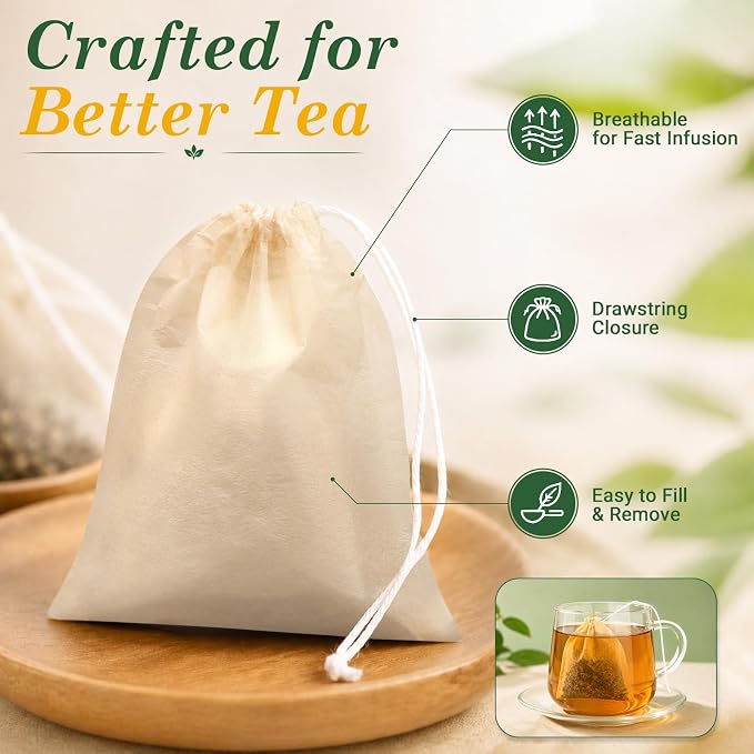300PCS Disposable Tea Filter Bags with Drawstring | 100% Natural & Safe Loose Leaf Tea Empty Tea Bags, 1-Cup Capacity