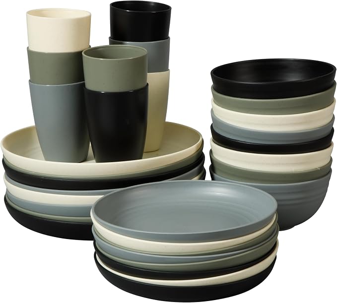 Gibson Home Plates and Bowls Set, 32 Piece Wheat Straw Dinnerware for 8 | Carmel Haze Collection - Dishes, Dishware, Matte, 4 Assorted Colors, Tumblers, Unbreakable, Lightweight, Dishwasher Safe