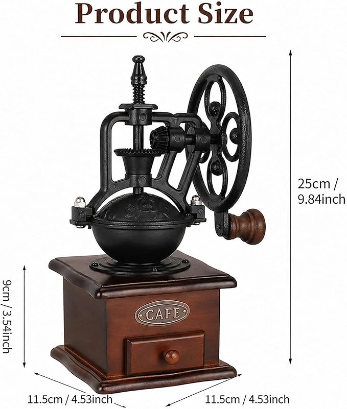 Vintage Manual Coffee Grinder with Cast Iron Ferris Wheel Hand Crank, Wooden Coffee Mill with Ceramic Burr, Adjustable Grind Size for Espresso, French Press, Pour Over, Home Barista Coffee Gift