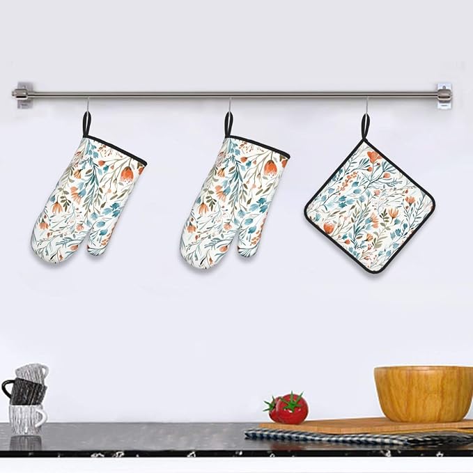 Teal Orange Watercolor Floral Oven Mitts and Pot Holders Sets of 3, Heat Resistant Non-Slip Washable, Chef Cooking Baking Gifts for Women Bakers, Burnt Orange Blue Green Flowers Charming Kitchen Decor