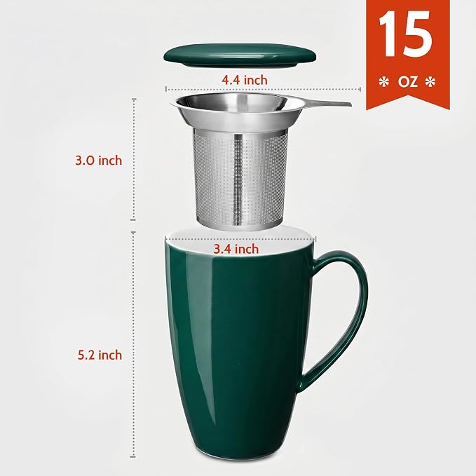 Sweese 15 OZ Porcelain Tea Mug with Infuser and Lid, Loose Leaf Tea Cup, Gifts for Tea Lover, Dark Green