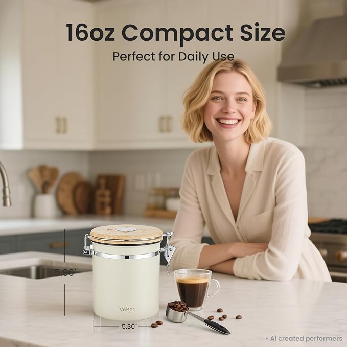 Veken Coffee Canister, Airtight Stainless Steel Food Storage Container,16OZ | Date Tracker, Kitchen Jars for Beans,Ground, Espresso, Rice,Tea, Sugar,Cereal,Cookie, Bar Accessories,Gifts, Lids,Scoop,Cream