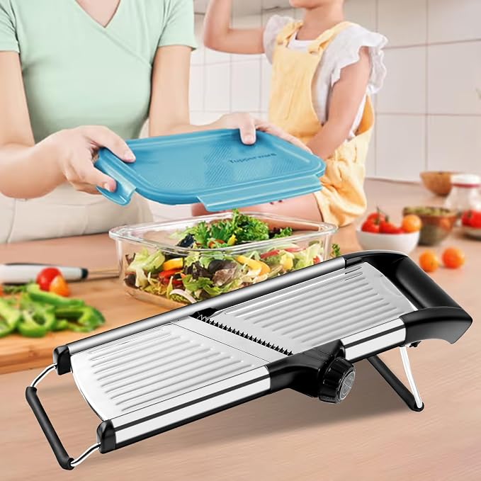 Mandoline Slicer for Kitchen, Adjustable Vegetable Slicer | Adjustable stainless steel blade slices potato, onion and tomato evenly; food holder and gloves help make kitchen prep safer.