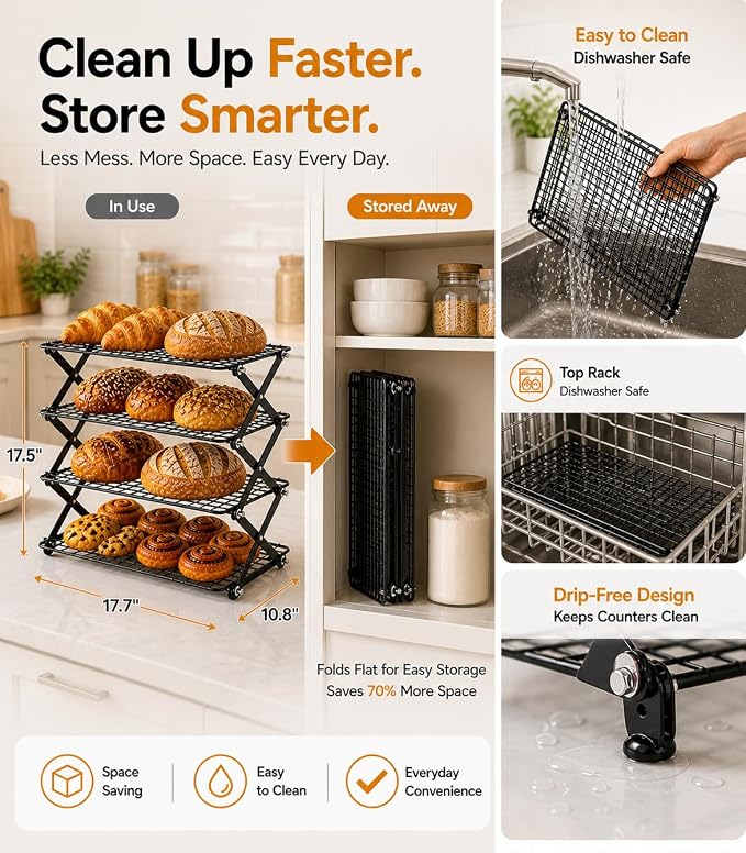 Cooling Racks For Cooking And Baking, 2/3/4-Tier Collapsible Cookie Cooling Rack With Adjustable 3 Setting Design Stackable Roasting Cooking Drying Wire Cooling Rack For Cookies Bread Baking