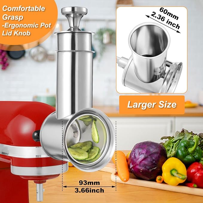 Large Stainless Steel Slicer Shredder Attachment for KitchenAid Mixers | Dishwasher Safe, 304 Stainless Steel Vegetable Cheese Grater Accessories with 4 Cutting Blades by KINGEAGLE