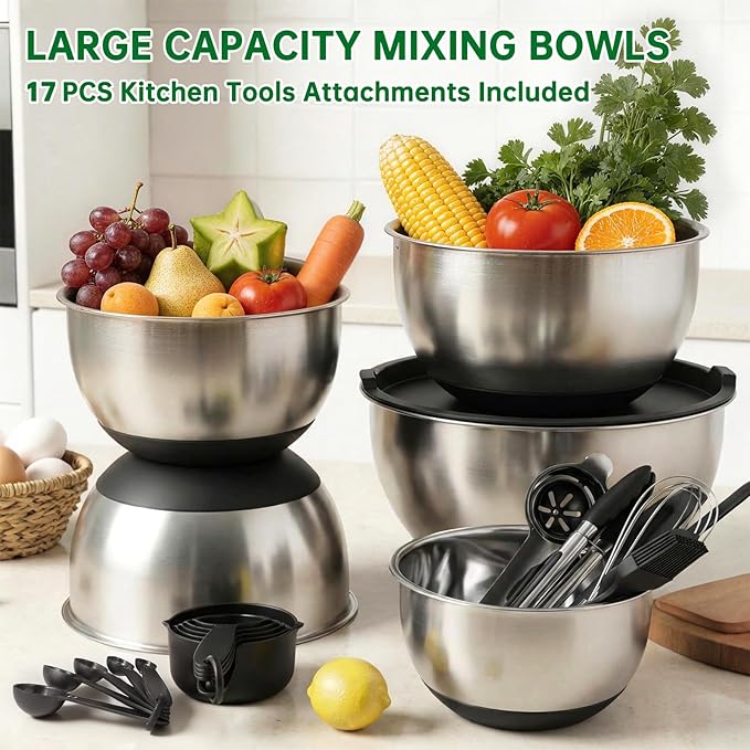 Deedro Mixing Bowls with Airtight Lids, 22Pcs Stainless Steel Mixing Bowls Set, Nesting Bowls with Non-Slip Silicone Base, thicker Metal Bowls for Baking & Prepping, 1.5/2/3/4/5 QT, Black