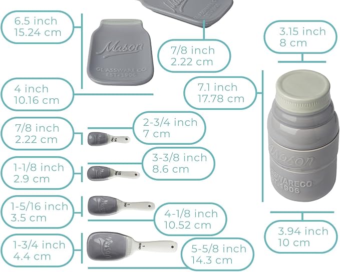 Comfify Gray Mason Jar Measuring Set – 4 Cups, 4 Spoons, Spoon Rest | Gray; ceramic; 9-piece set; 4 measuring cups + 4 measuring spoons + spoon rest; mason jar design; hand wash only