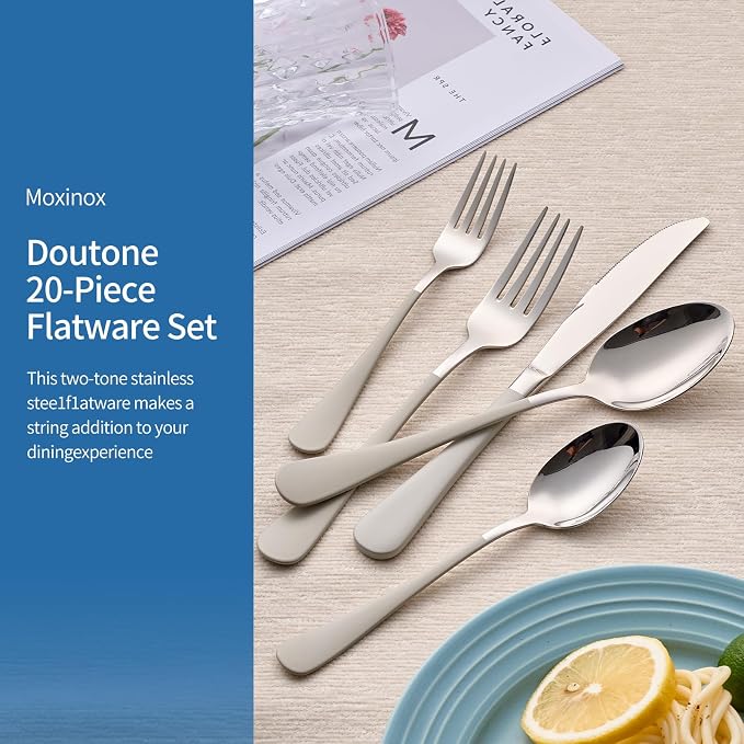 20-Piece Off White Silverware Set, 18/0 Stainless Steel Off White Handle Flatware Set, Service for 4, Modern Cutlery Set Includes Dinner Knives Forks Spoons,Mirror Polished,Dishwasher Safe