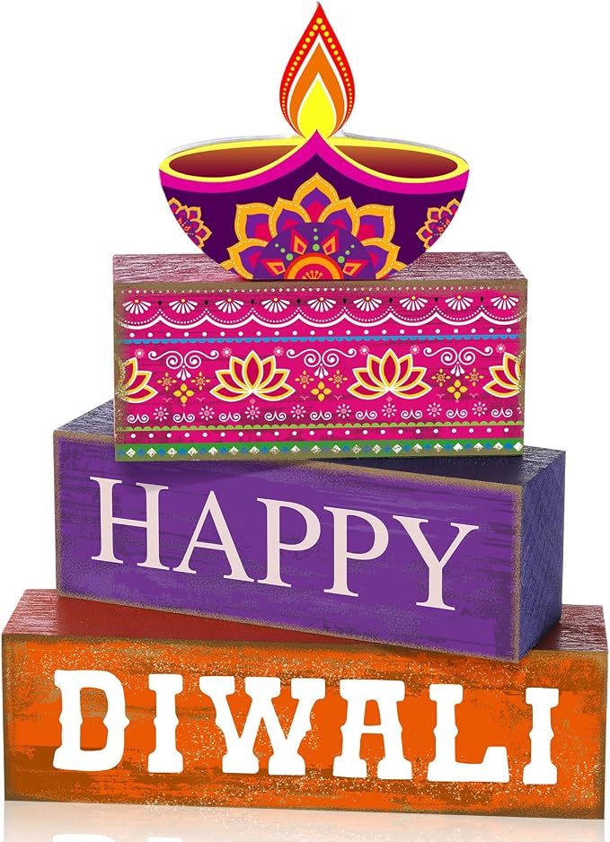 Lineshading 4 Pcs Wooden Diwali Tiered Tray Decor, Block Signs for Home | Rustic Farmhouse Style with Happy Diwali Lamp Design, Stackable Blocks for Tiered Tray, Festival Home Gift Decor
