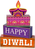 Lineshading 4 Pcs Wooden Diwali Tiered Tray Decor, Block Signs for Home | Rustic Farmhouse Style with Happy Diwali Lamp Design, Stackable Blocks for Tiered Tray, Festival Home Gift Decor