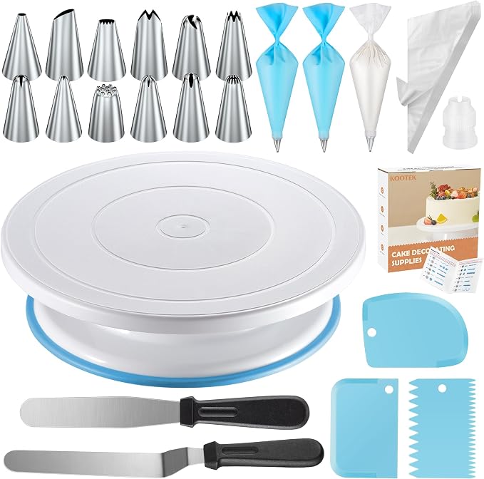 Kootek 71 Cake Decorating Kit Baking Supplies Tools for Beginners & Pros | Cake Stand Turntable, Icing Piping Tips, Disposable Reusable Pastry Bag, Spatulas, Video Tutorial, Pattern Chart