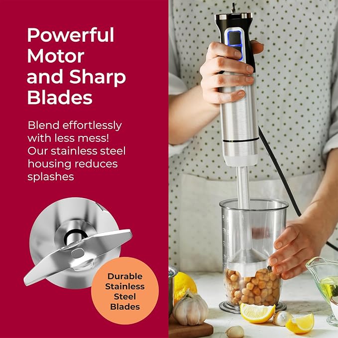 Mueller Immersion Blender Handheld - 8 Speed Stainless Steel Electric Hand Blender, Emulsion Blender Stick Kitchen Gadget with Turbo Mode | Stainless Steel | 8 Speed Settings with Turbo Mode | Electric Hand Blender