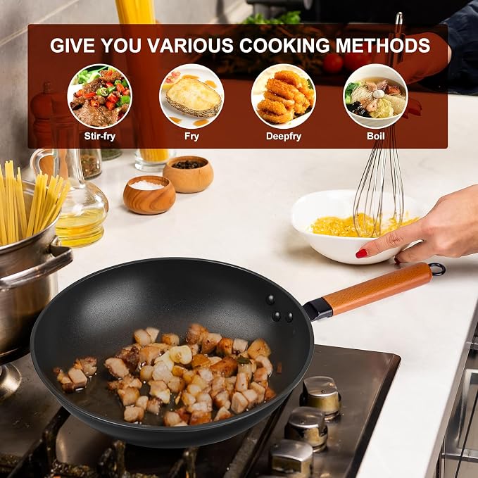 Wok, 13" Carbon Steel Woks & Stir-Fry Pans Nonstick with Black Lid | Pre-Seasoned Flat Bottom Chinese Wok for Electric, Induction, Gas, All Stoves