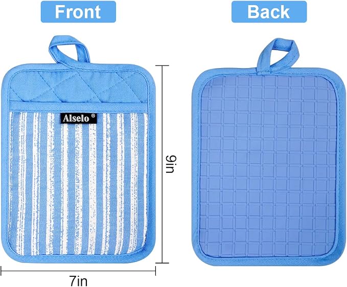 Alselo Silicone Pot Holders Set of 3 Heat Resistant & Non Slip Potholders | Professional Oven Hot Pads with Pockets Mitts for Kitchen Cooking Baking Barbecue (Blue, 3)