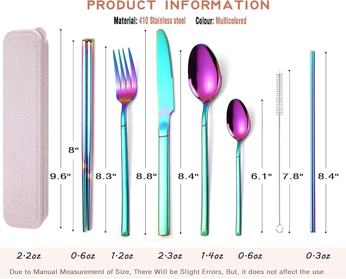 AARAINBOW 7 Pieces Stainless Steel Flatware Set Portable Reusable Cutlery Set Travel Utensils Set Including Chopsticks Knife Fork Spoon Straws Cleaning Brush Dishwasher Safe (Multicolored)