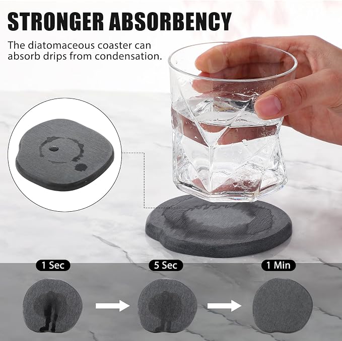 Diatomaceous Earth Coasters Set of 4，Cool Absorbent Quick-Dry Drink Coasters for Desks, Cute Modern Stone Design with Stylish Grey Aesthetic (4, Grey)