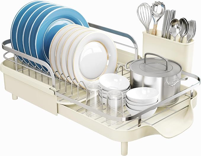 SNTD Expandable Dish Drying Rack for Kitchen Counter, 15.2-22.1 in, Beige | Rust-Resistant Stainless Steel, Protective Side Rails, Self-Draining Drainboard, Removable Utensil Holder
