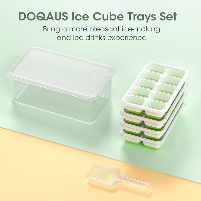 DOQAUS Ice Cube Tray with Lid and Bin,4 Pack Ice Cube Trays for Freezer | Silicone, Stackable. Easy Release Trays with Storage Bin & Scoop. Ideal for Freezer, Kitchen, RV, Cocktail, Coffee.