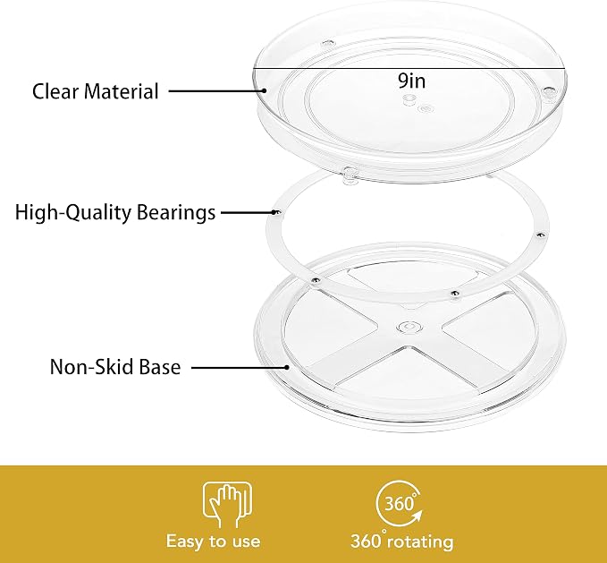URALFA 9 Inch Lazy Susan Turntable, 2 Pack Small Rotating Cabinet Organizer | Clear Acrylic Plastic Spinning Organizer for Kitchen Cabinet, Pantry, Countertop, Fridge 360-Degree Rotating Base