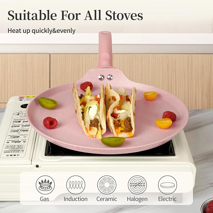 Innerwell 11 Inch Nonstick Crepe Pan,Granite Coated Pancake Pan-Pink | Granite nonstick coating, PFOA-free. Works on gas, electric, ceramic & induction. Easy-release & easy-clean.