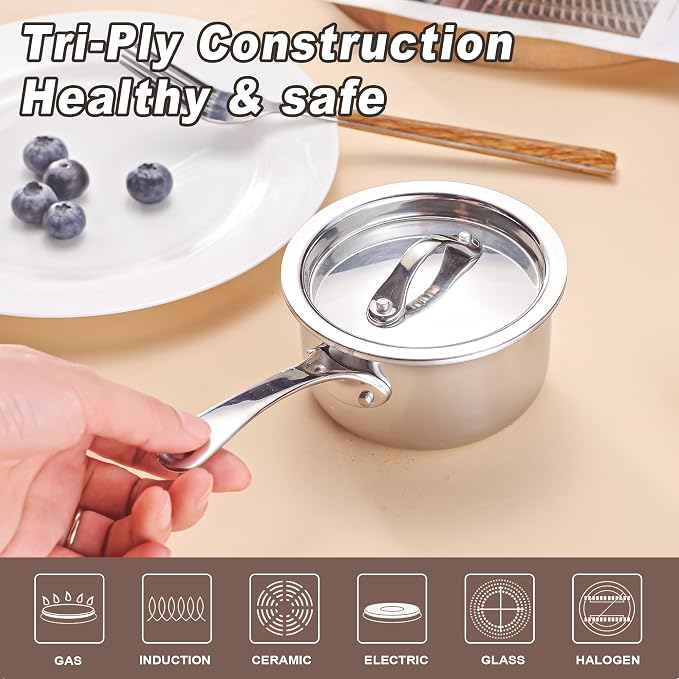 Mini Sauce Pan with Lid, Tri-Ply Stainless Steel Pot with Stay-Cool Handle & All Cooktop Compatibility (Gas, Ceramic, Electric) - Silver