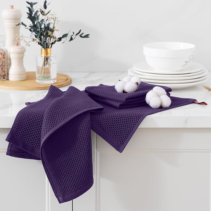 Kitinjoy 100% Cotton Waffle 6-Pack Kitchen Towels, 12" x 12", Eggplant | Ultra Absorbent, Super Soft, lightweight, Quick Drying Dish Rags for Washing Dishes