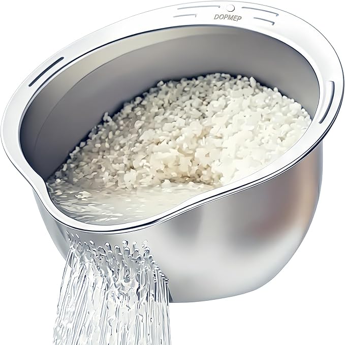 DOPMEP Rice Washer Strainer Bowl Stainless Steel Colander with Side Drainer | Ideal for Soaking, Washing, Cleaning, and Rinsing Rice, Fruits, Vegetables & Beans, Versatile Kitchen Tool
