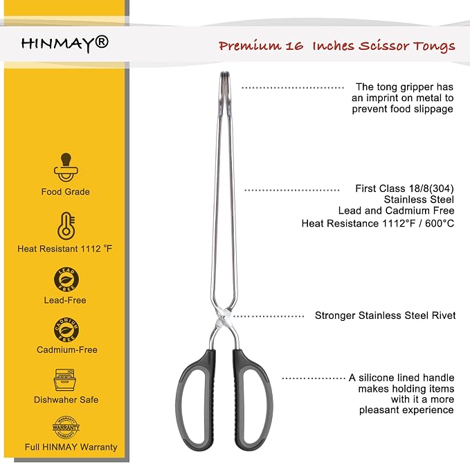 HINMAY Scissor Tongs 16" Extra Long Stainless Steel Barbecue Grilling Tongs | Black Handle