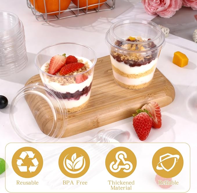 mwellewm 400 Pcs Dessert Cups with Lids and Spoons, 5 OZ Parfait Cups 3 OZ Plastic Desert Cups Clear Mini Shooter Cups for Party Reusable Small Appetizer Serving Fruit Cup Ice Cream Cake Pudding