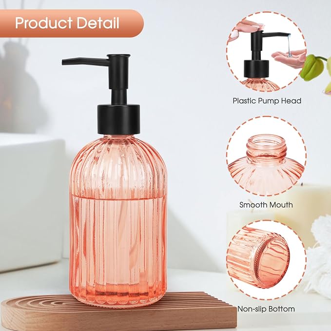 Topsky Stripe Glass Soap Dispenser with Black Plastic Pump, 400ml Liquid Hand Soap Dispenser, Rustproof Pump for Kitchen & Bathroom, Great for Lotions, Essential Oil, Liquid Soaps-Pink Orange