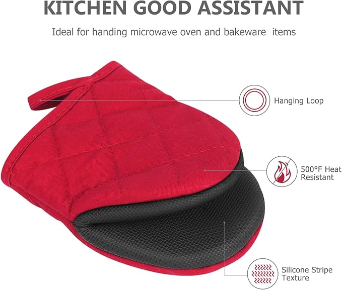 Goldmeet Mini Oven Mitts 2-Pack, 7"x5.5", 500°F Silicone Grip, Red | Non-Slip, Heat Resistant, Machine Washable, Hanging Loop, Fits Small Hands, for Baking Grilling BBQ Cooking