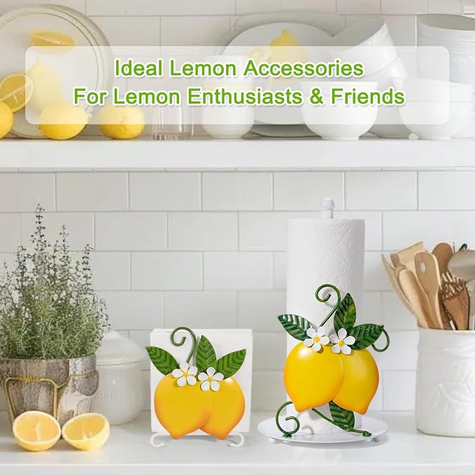 Lemon Paper Towel Holder Countertop for Kitchen, 3D Handmade | Freestanding Kitchen Roll Holder with Weighted Base, Lemon Housewarming Gifts for Women, Fit Most Sizes of Paper Rolls, Metal