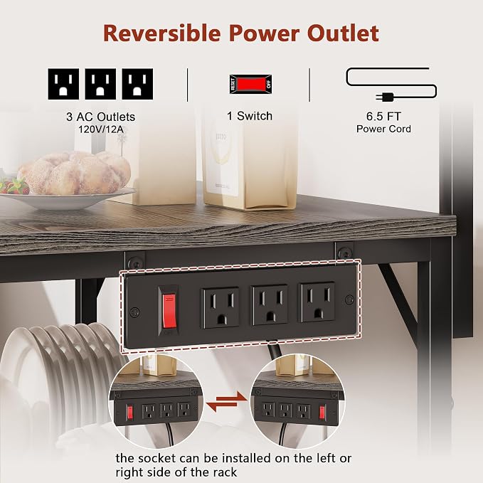 Furologee Kitchen Bakers Rack with Power Outlet,Coffee Stand with Storage 4 Tiers,Coffee Bar Station with a 31.5 Inch Larger Desktop and 8 S Hooks,Kitchen Microwave Rack for Spices,Pots,Black Oak