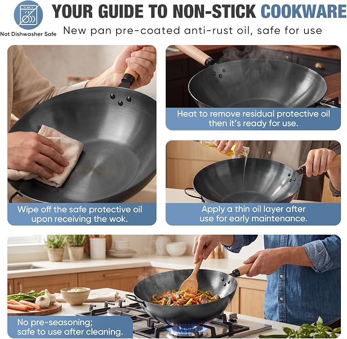Sweetcrispy 13.5 Inch Carbon Steel Wok Pan, Pre-Seasoned Flat Bottom No Chemical Coating Pow Wok, Compatible with Induction, Electric, Gas and Open Fire, Ideal for Home Cooking and Camping, Black