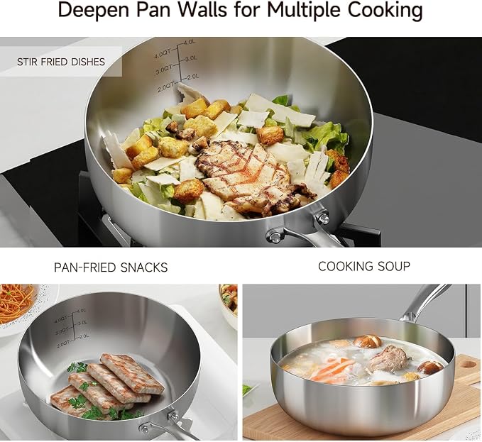 Tri-ply Stainless Steel Saute Pan 5-Quart with Clear Lid Deep Frying Pan for Chef's Cooking Wok Induction Oven Dishwasher Safe, Compatible with All Cooktops(Detachable Handle,11 Inch)